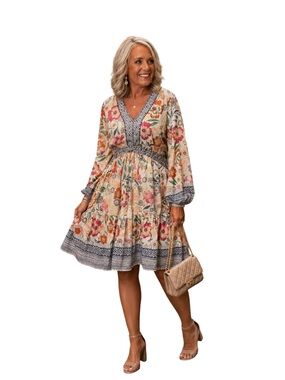 Kaktus Floral Long-Sleeve Cotton A-Line Dress Size Large